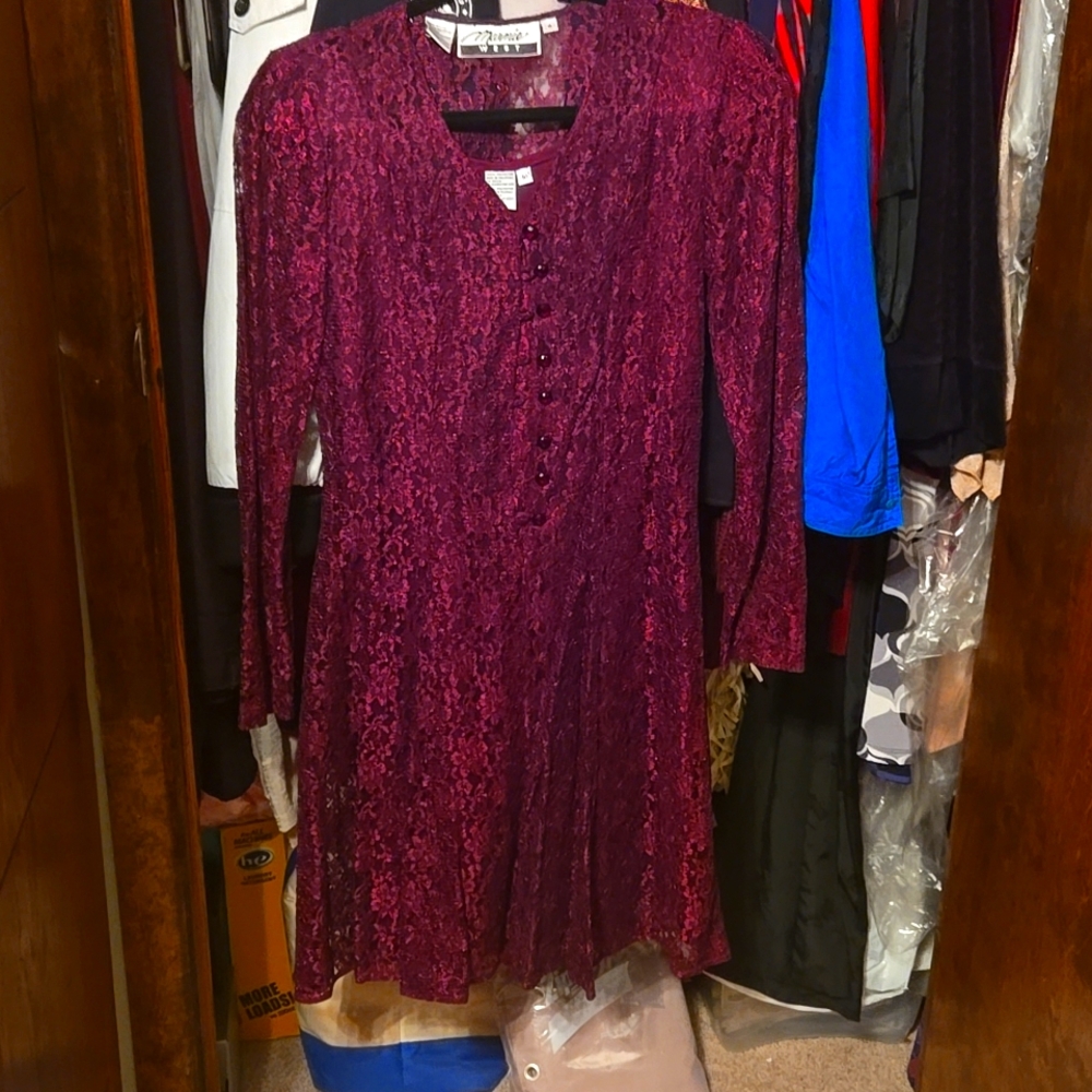 Maroon mid length dress with a lace over dress that laces up in back